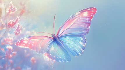 Spring morning on nature and flying  butterfly on fresh soft background, macro. Beautiful  artistic elegant image of spring, summer nature.
