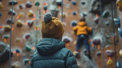 Young boy watching his friend climbing on an artificial climbing wall, enjoying a shared adventure and physical activity together indoors