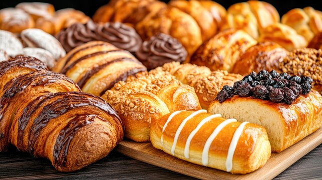 A vibrant assortment of baked goods displayed on a wooden tray, featuring croissants, danishes, and sweet rolls, Ideal for food blogs, restaurant menus, or advertisements related to pastries,