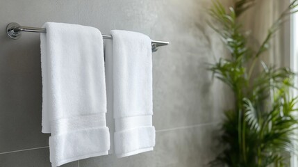White towel hanging on a chrome towel rack against a gray tiled wall. the towel rack is attached to the wall with two white towels hanging on it.