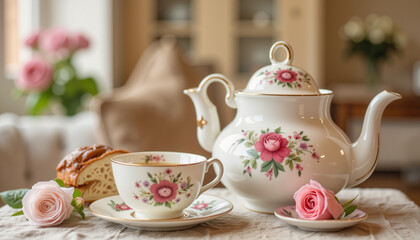 Elegant vintage tea set with floral pattern, classic ambiance