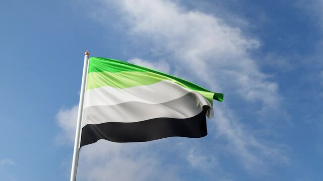 aromantic pride flag waving in the wind on a blue sky, lgbt flag, aro pride symbol, lgbtqia+ tall flagpole, lgbtqia, queer, realistic flag, symbol of the gay pride, tolerance, love	
