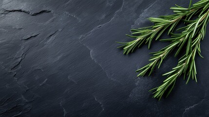 Close-up of a sprig of rosemary on a dark grey slate surface. the sprig is on the right side of the image, with its long, thin leaves extending upwards towards the top right corner.