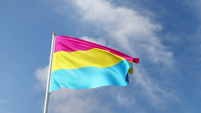 pansexual pride flag waving in the wind on a blue sky, lgbt flag, pan pride symbol, lgbtqia+ tall flagpole, lgbtqia, queer, realistic flag, symbol of the gay pride, tolerance, love	

