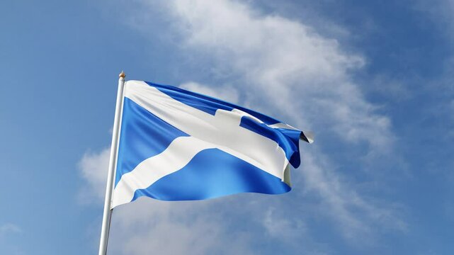 flag of scotland on a blue sky, waving in the wind, national symbol of scottish nation, european country, tall flagpole, video of a flag