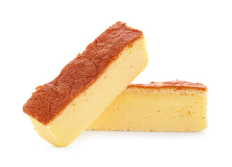 Pieces of tasty Japanese Castella sponge cake isolated on white