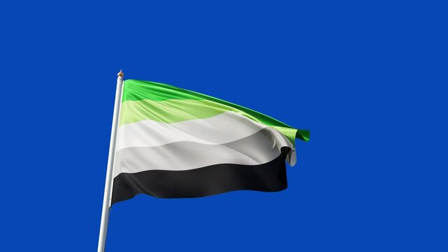 aromantic pride flag on a green screen, waving in the wind, lgbt flag with no background, symbol of aro community,  tall flagpole, lgbtqia, queer, symbol of the gay pride, tolerance, love	
