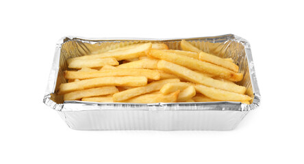 Delicious French fries in foil container isolated on white