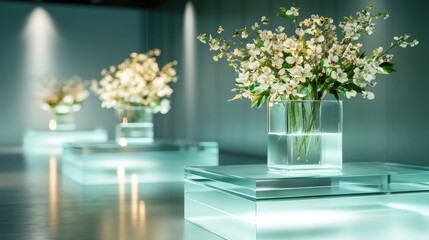A sophisticated floral arrangement in a clear vase with an elegant minimalist design, capturing the essence of modern decor and the beauty of nature.