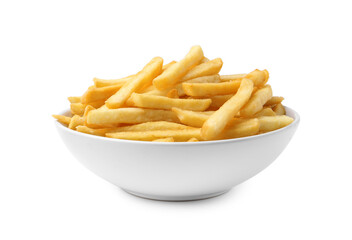 Delicious French fries in bowl isolated on white