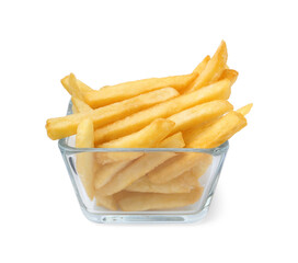 Delicious French fries in glass bowl isolated on white