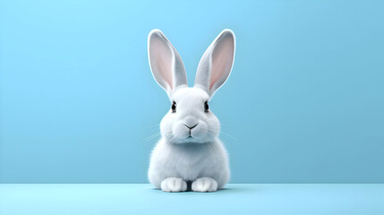 Obraz premium white fluffy bunny sitting on light blue background, cute minimal easter animal portrait vector