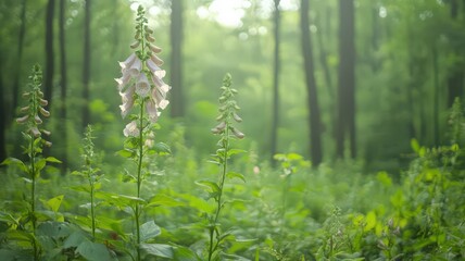 Fototapeta premium White Foxglove Blossoms in a Sunlit Green Forest