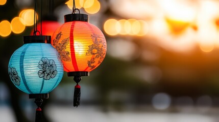 Vibrant paper lanterns hang against a blurred sunset backdrop, adding warmth and charm to outdoor gatherings, Ideal for events, celebrations, or cultural themes in marketing materials and designs,