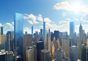 Modern City Skyline – Skyscrapers Under Blue Sky with Sunlight