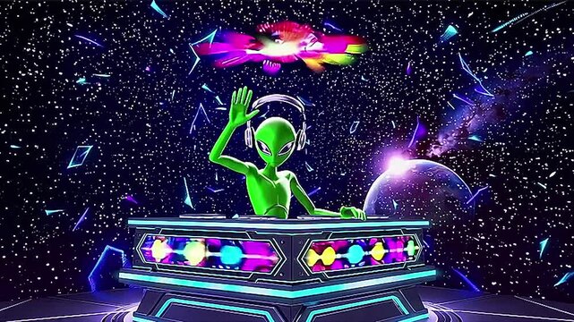 animation of an alien playing music on stage like a DJ