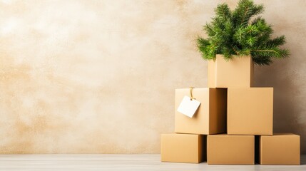 Piled cardboard boxes topped with a greenery arrangement against a soft beige wall create a warm ambiance, ideal for holiday themes, gift marketing, or eco-friendly packaging ideas,