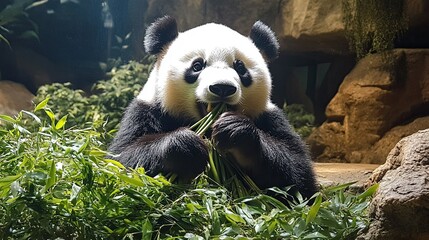 Obraz premium A panda munching bamboo in a tranquil forest.