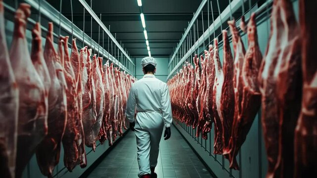 Caucasian man in industrial butcher facility examining hanging beef carcasses