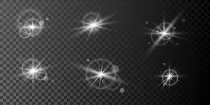 Set of bright glints with lens flares, circular halos. on transparent background. Glint and glare optical lighting effect. Luminous starbursts with radiant beams. Sparkle overlays, magic flash