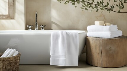 Modern bathroom with a white bathtub in the center. the bathtub has two silver faucets and a white towel hanging on the side.