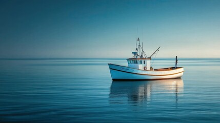 Fototapeta premium A peaceful fishing boat bobbing in the ocean, with a clear blue sky and a distant horizon.