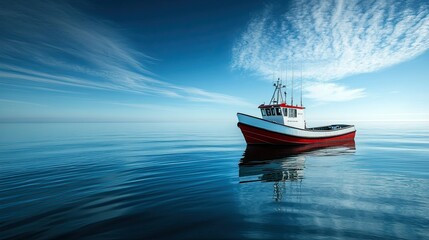 Naklejka premium A peaceful fishing boat bobbing in the ocean, with a clear blue sky and a distant horizon.