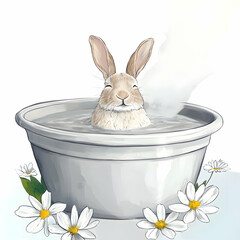 Relaxing rabbit enjoys a tranquil bath surrounded by daisies in a cozy setting