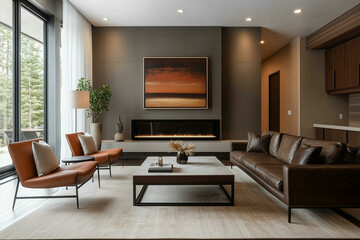 Fototapeta premium Stylish living room interior. Cozy home space with modern furniture, contemporary apartment relax zone with comfortable sofa and elegant decor