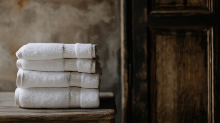 Stack of folded white towels on a wooden table. the towels are neatly folded and stacked on top of each other.