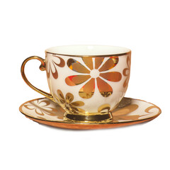 Golden Floral Teacup and Saucer: A close-up studio shot of a decorative teacup and saucer set, showcasing a delicate golden floral design with a polished finish.