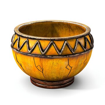 A yellow bowl with a gold rim and a black and white design