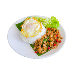Spicy Thai Basil Chicken with Rice: a classic Thai dish, showcasing a plate piled high with fragrant jasmine rice, savory stir-fried chicken with Thai basil, and a perfectly fried egg.