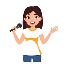 A girl with a microphone and a young woman singing a song.Flat hand-drawn cartoon character