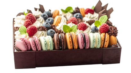 A tray of assorted pastries with blueberries, raspberries, and chocolate. The tray is brown and has a pattern on it