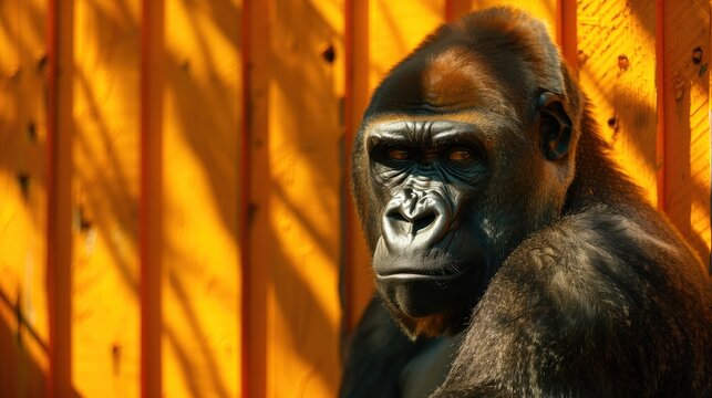 Lowland gorilla lounging near yellow wooden fence, basking in warm sunlight filtering through enclosure slats