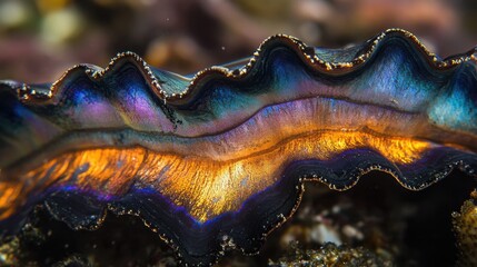 A giant clam showcases its vibrant, iridescent interior as sunlight reflects off its colorful shell, creating a mesmerizing underwater scene