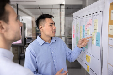 Serious young Asian product manager man presenting business model canvas with colorful post it...