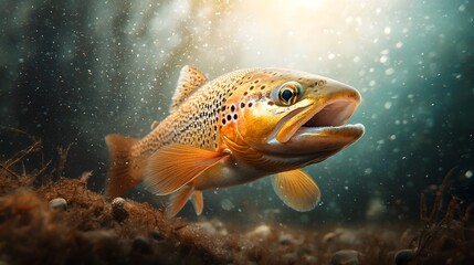 Majestic Golden Trout Gracefully Gliding Through a Rushing Freshwater Stream Its Vibrant Colors Blending Seamlessly with the Flowing Water