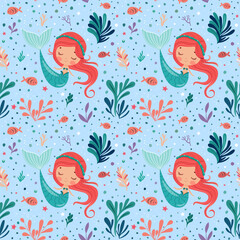 seamless pattern with a cute little mermaid with red hair, surrounded by fish, seaweed, corals, and bubbles. Children design