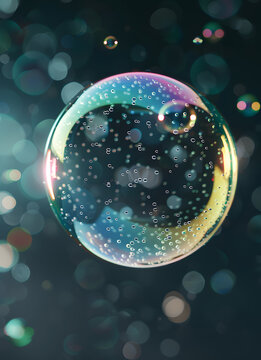 A soap bubble floating in the air with smaller bubbles and warm light reflections, creating a dreamy atmosphere.