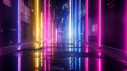 Neon alleyway. Vibrant, colorful, and reflective neon lights create an electrifying tunnel effect. Mirrored surface amplifies the glowing tubes. Abstract and futuristic aesthetic - Powered by Adobe