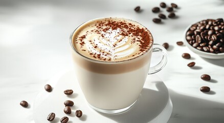 Latte art coffee drink on a white surface