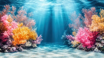 A colorful underwater garden filled with vibrant corals swaying gently in the current, illuminated by soft rays of sunlight breaking through the surface