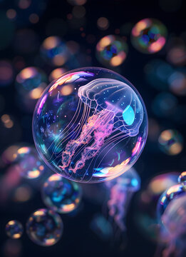 Photo of soap bubbles with reflections inside the bubble, creating a mesmerizing and iridescent visual effect.
