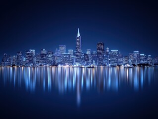 Obraz premium Nighttime skyline of a vibrant city reflecting on calm waters, showcasing modern architecture