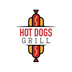Logo of Grill restaurant with hot dogs.  Graphic template for meat business - restaurant, bar, cafe, food court, design - menu, poster, label. Vector Illustration