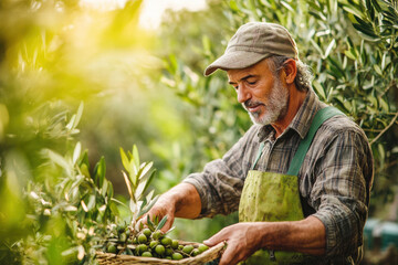 Fototapeta premium Mature gardener picking olives in olive tree garden. Harvesting in Mediterranean olive grove in Sicily, Italy 