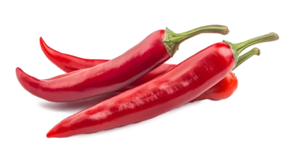  Three red chili peppers are sitting on a white background. The peppers are long and slender, with a green stem at the top. The peppers are arranged in a way that they are not overlapping © Aklima