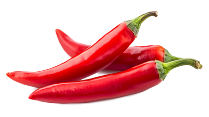 Three red peppers are sitting on a white background. The peppers are long and slender, with a green stem at the top. The peppers are arranged in a row, with one on the left, one in the middle